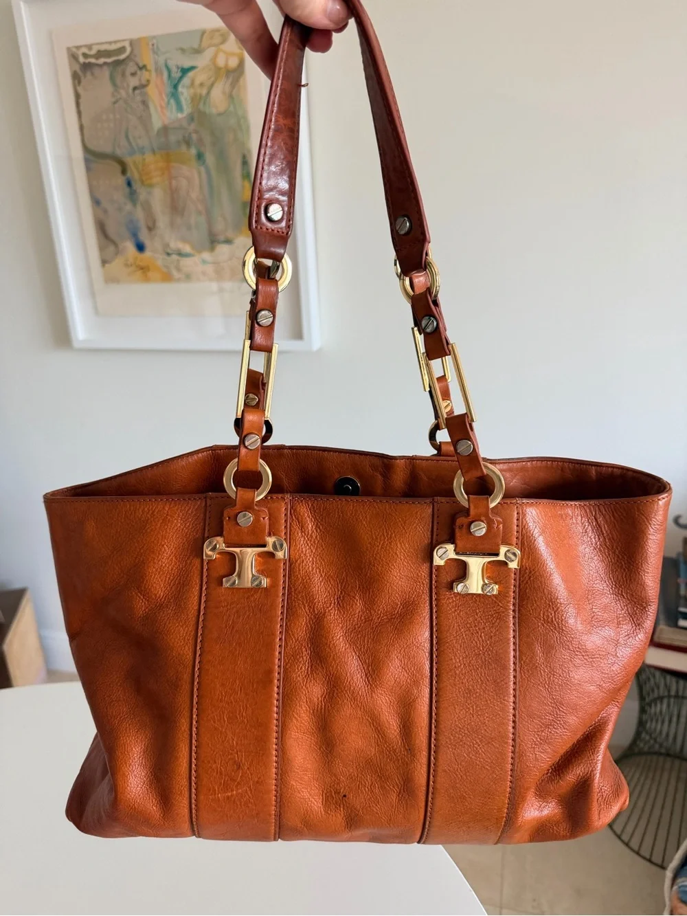 Tory Burch Cognac Leather Tote with Gold Hardware